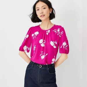 Ann Taylor petite floral pleated sleeves pink top size large
